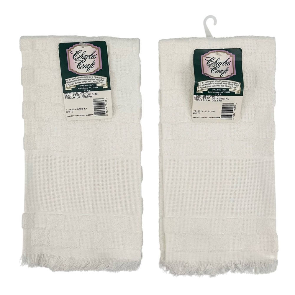 Vintage Charles Craft White Cotton Kitchen Towels Set of 2 Check USA